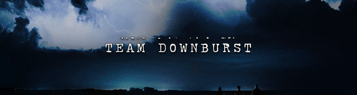 a banner with a dark, cloudy sky. there is lightning in the top left lighting up a section of the sky. in the middle in typewriter font is TEAM DOWNBURST, written in all caps. at the bottom of the banner are three people, facing away from the camera.